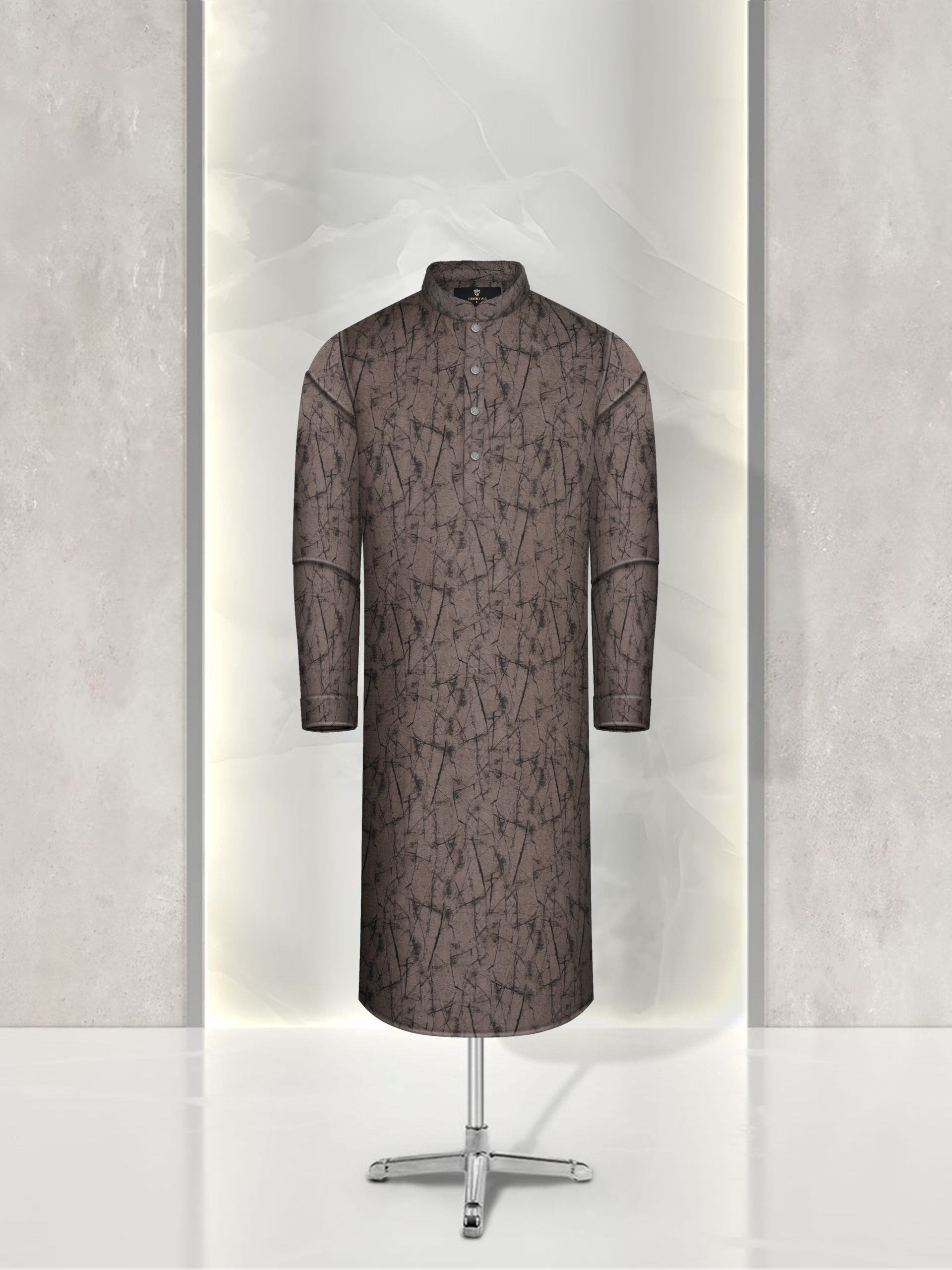 Creamy Brown Abstract Print Cotton Panjabi - Image 2